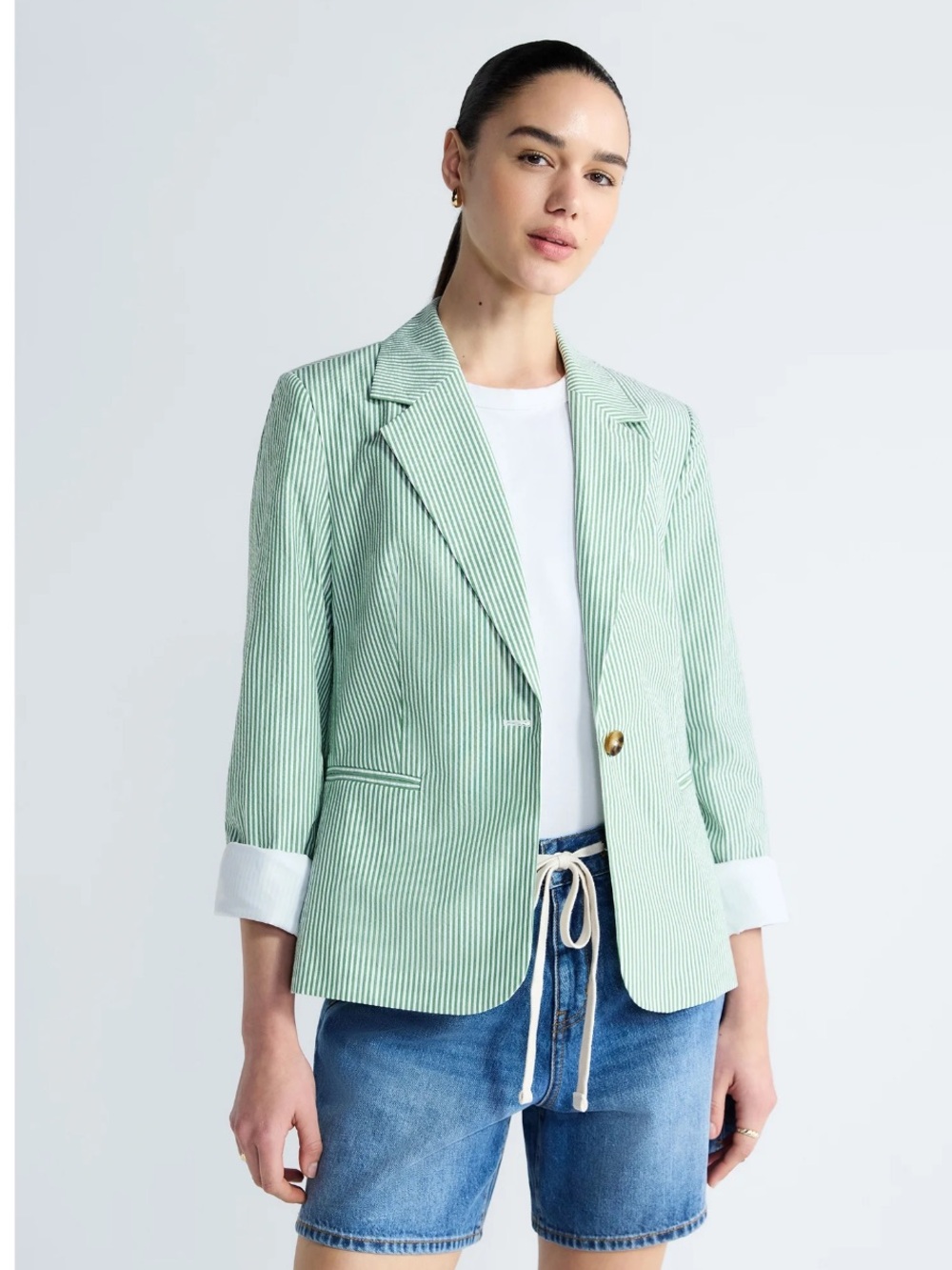 Free Assembly Women's Single Breasted Blazer In Green Basil Striped 🌿 NWT XS